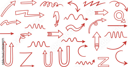 Hand drawn arrow collection isolated on white background set of different doodle sketch arrows, pointers, direction indicators vector illustration