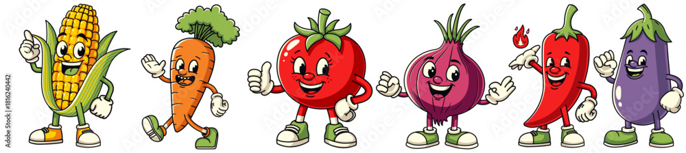 Fototapeta premium Cute Cartoon Vegetable Mascot Set — Corn, Carrot, Tomato, Onion, Chili, Eggplant Characters — Fun Food Illustration PNG