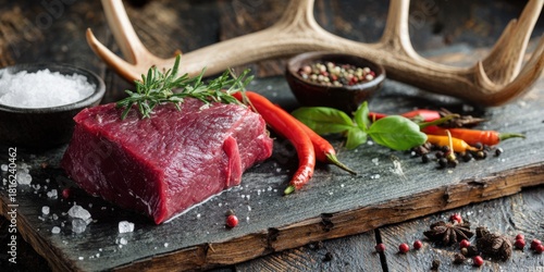 Raw venison steak preparing with spices and herbs on rustic board