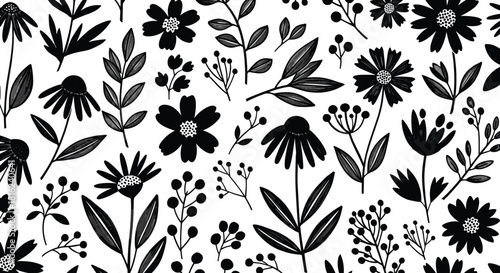 A captivating seamless pattern featuring a variety of handdrawn floral elements in striking black against an isolated on white background, creating a bold and elegant design