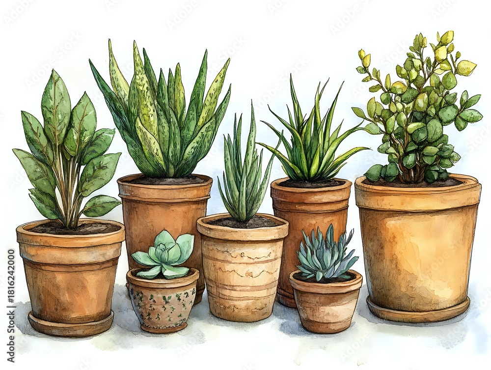 Fototapeta premium Watercolor collection of potted houseplants including succulents, aloe vera, and snake plants in terracotta containers for home decor.