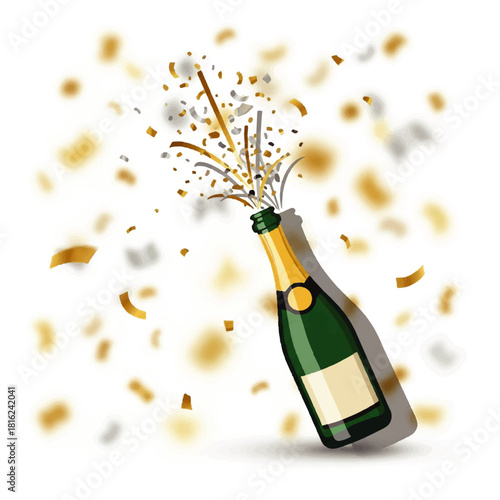 Celebrating New Year Champagne Bottle with Confetti Burst