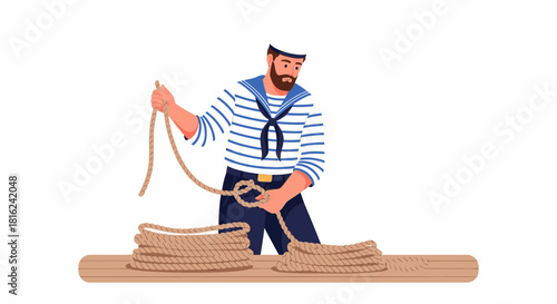 A sailor in uniform is tying a knot with a rope on a wooden surface.