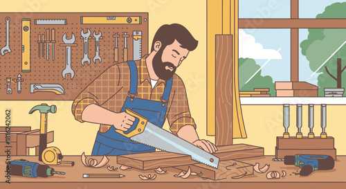 A bearded carpenter sawing a wooden plank at a workbench in a workshop, with tools hanging on the wall.