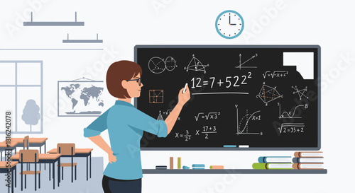 Teacher writing math equations on a blackboard in a classroom, with desks and a world map in the background.