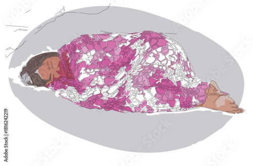 A young woman is shivering in the cold and sleeping under a blanket.