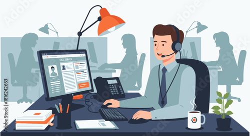 A customer service representative working at his desk, assisting clients via computer.