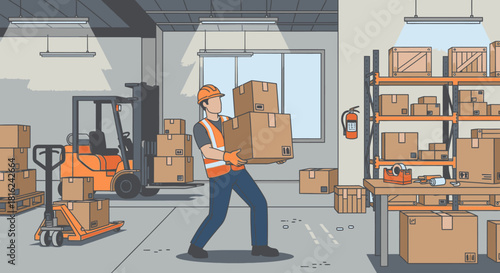 A worker in a warehouse carries a stack of boxes, with a forklift and shelves visible in the background.