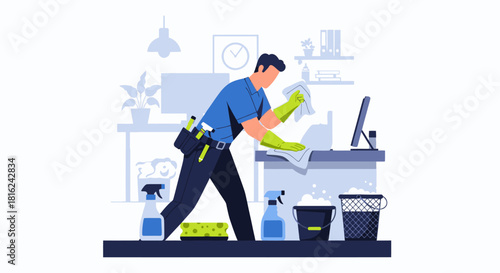 A cleaner wipes down a desk in an office setting with cleaning supplies nearby.