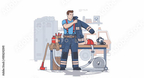 A firefighter is preparing for duty, holding his protective jacket in a room.
