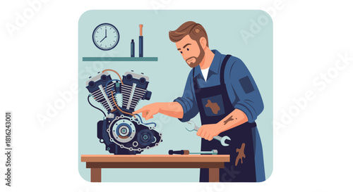A mechanic working on a motorcycle engine, using tools in a workshop setting.