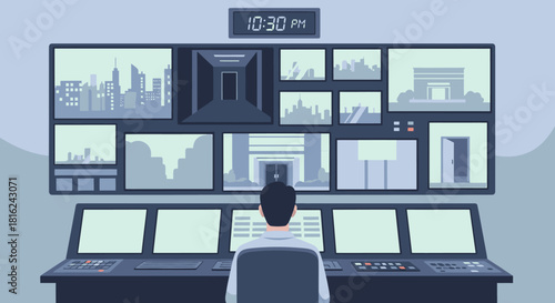 A person monitors surveillance screens displaying various locations and times.