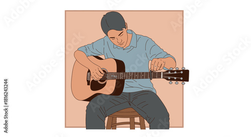 A man seated, focused on playing an acoustic guitar, strumming strings.