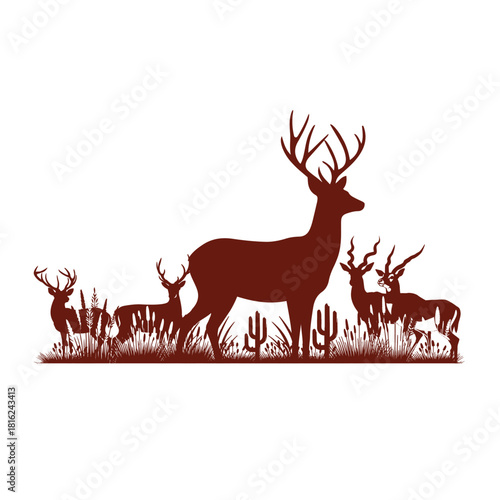 A majestic deer stands tall amidst a group of antelopes, their silhouettes creating a striking contrast isolated on
