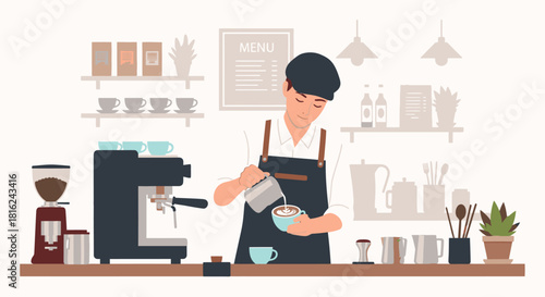 A barista in a cafe is making coffee, pouring milk into a cup, with equipment and menu in the background.