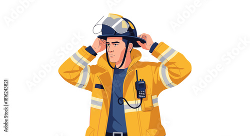 A firefighter in a yellow coat adjusts his helmet, with a radio attached to his chest.