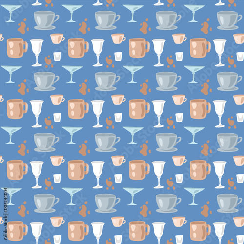 Seamless vector festive New Year's pattern with a glass, mug, cup, shot glass, and different glasses for drinks