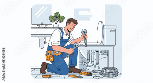A plumber kneels to repair a toilet, using tools for plumbing maintenance.