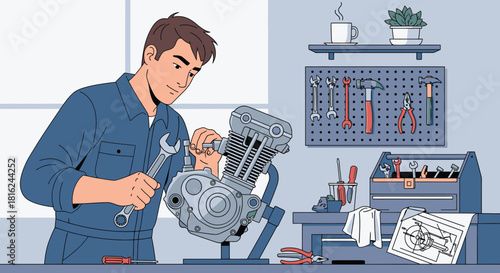Man in overalls repairs a motorcycle engine on a workbench in a workshop setting.
