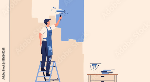 A man on a ladder painting a wall blue with a roller, with a table and paint supplies nearby.