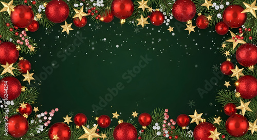 Festive Christmas background with a decorative frame of red baubles, gold stars, and fir branches on a snowy green backdrop.