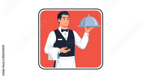 A waiter in uniform holds a covered silver platter with a white towel, against a red background.