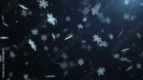 Captivating winter concept countless delicate snowflakes dance and drift downwards through a dark, cool-toned sky, forming a peaceful and atmospheric backdrop for holiday designs