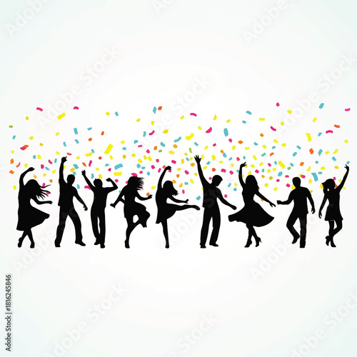 Group of diverse people dancing and celebrating with confetti falling down
