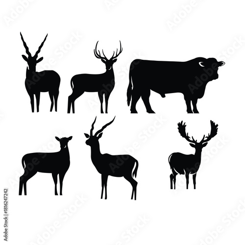 Silhouette of various horned animals including deer, antelope, and a bull isolated on vector illustration of wildlife mammals
