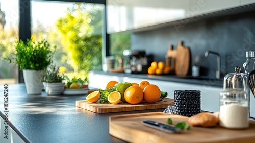 Fototapeta Naklejka Na Ścianę i Meble -  A vibrant display of citrus fruits and herbs on a sleek kitchen countertop, illuminated by natural sunlight