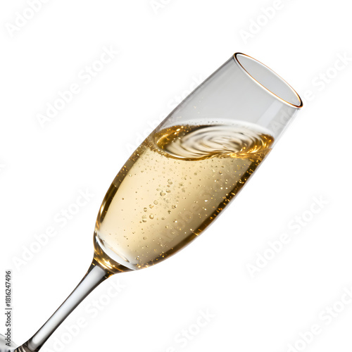 Premium champagne flute with swirling golden bubbles on isolated transparent background