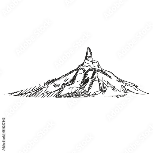 Hand drawn sketch of a mountain isolated on, capturing its rugged peaks and valleys in a simple yet evocative style