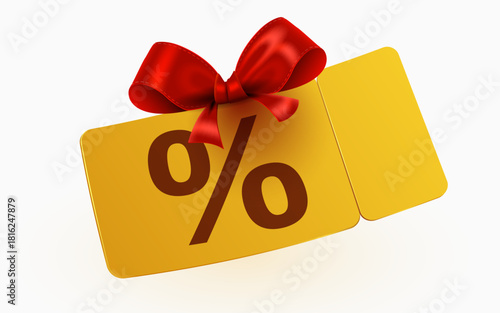 Golden discount coupon with red bow and percentage sign. Perfect for promotions and special offers.