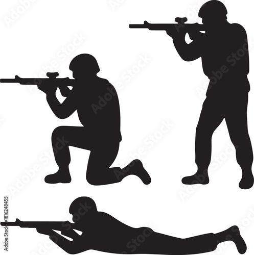 Soldiers in various shooting stances, such as prone, kneeling, and standing silhouette vector