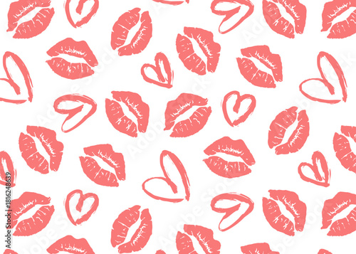Seamless pattern with red hearts and lipstick kiss prints. Endless Valentine’s Day texture featuring various female lip marks and heart shapes. Romantic repeating vector background