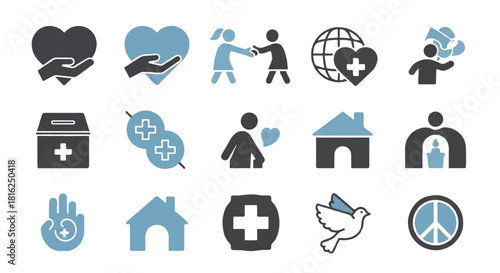 Modern flat vector icon collection for charity, healthcare, and social support. Essential symbols depicting community care, peace, and humanitarian aid efforts