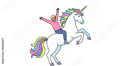 Euphoric adventure: A whimsical illustration of a boy riding a majestic unicorn with rainbow mane