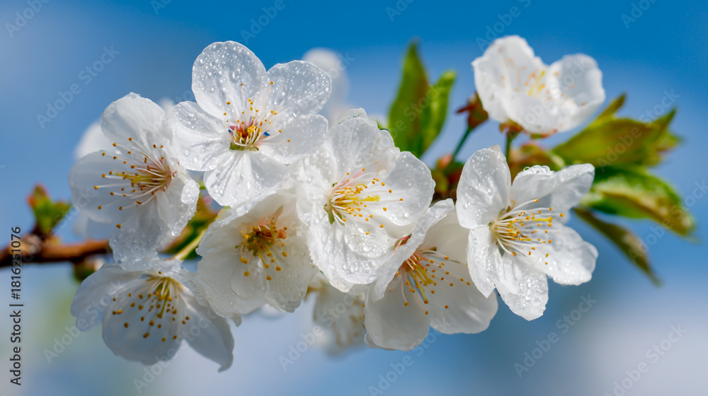 Obraz premium A branch of white cherry blossoms with green leaves