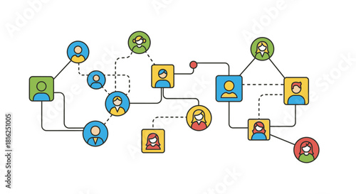 Network illustration visualizing interconnected people in organization or company collaboration,