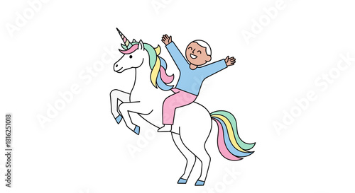 Childlike joy: A whimsical adventure with a boy riding a rearing, magical unicorn