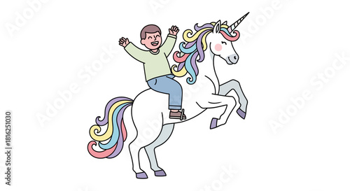 A joyful ride illustration of a kid riding a rearing unicorn with a rainbow mane and tail