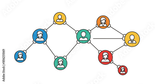 Conceptual illustration of connected people within a network system showing data transmission and