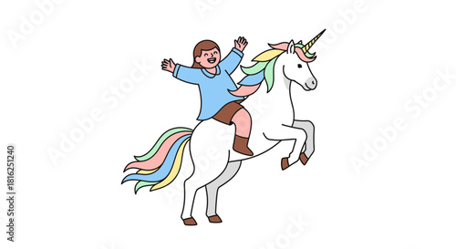 Girl experiencing whimsical joy riding a fantasy unicorn with a rainbow mane and tail