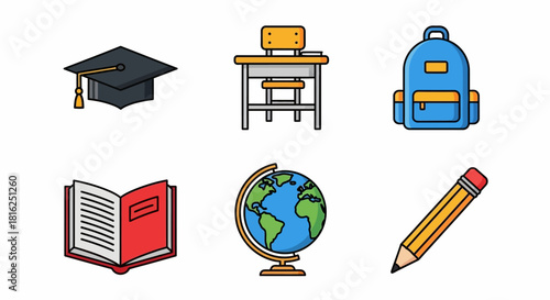 Colorful icon set representing academic and educational concepts, perfect for design projects or