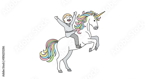 Enthusiastic boy soaring through fantasy on a majestic rearing unicorn with vibrant mane