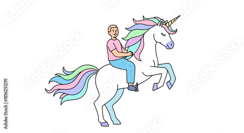 Illustrative depiction of a man riding a unicorn with vibrant pastel-colored mane and tail