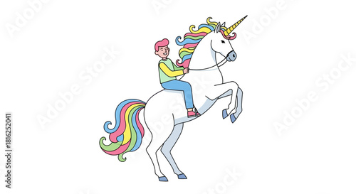 Illustration of a Boy Riding a Majestic Unicorn with a Colorful Mane and Tail