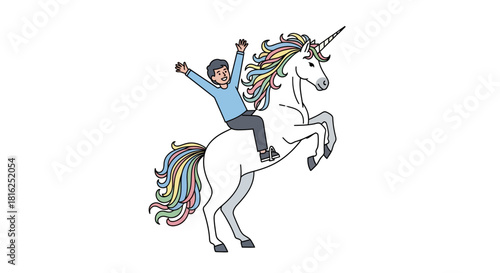A cheerful boy riding a rearing white unicorn with a colorful rainbow mane and tail on a white