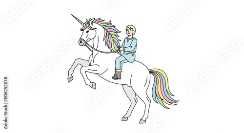 Whimsical illustration of a boy riding a rearing unicorn with a rainbow mane and tail