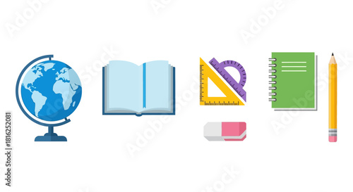 Colorful flat lay illustration featuring essential school supplies for back to school season